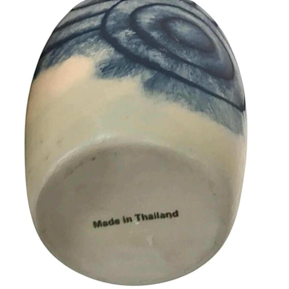 Thailand Natural & Blue Double Handled Artesian Pottery Vase Aztec Design New